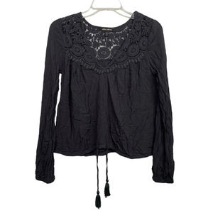 Billabong Y2K Womens S Black Crocheted Peasant Blouse Long Sleeve